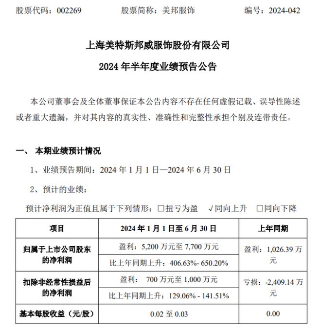 bsports必一体育美邦服饰24年上半年预计净利5200万-7700万同比增长(图1)